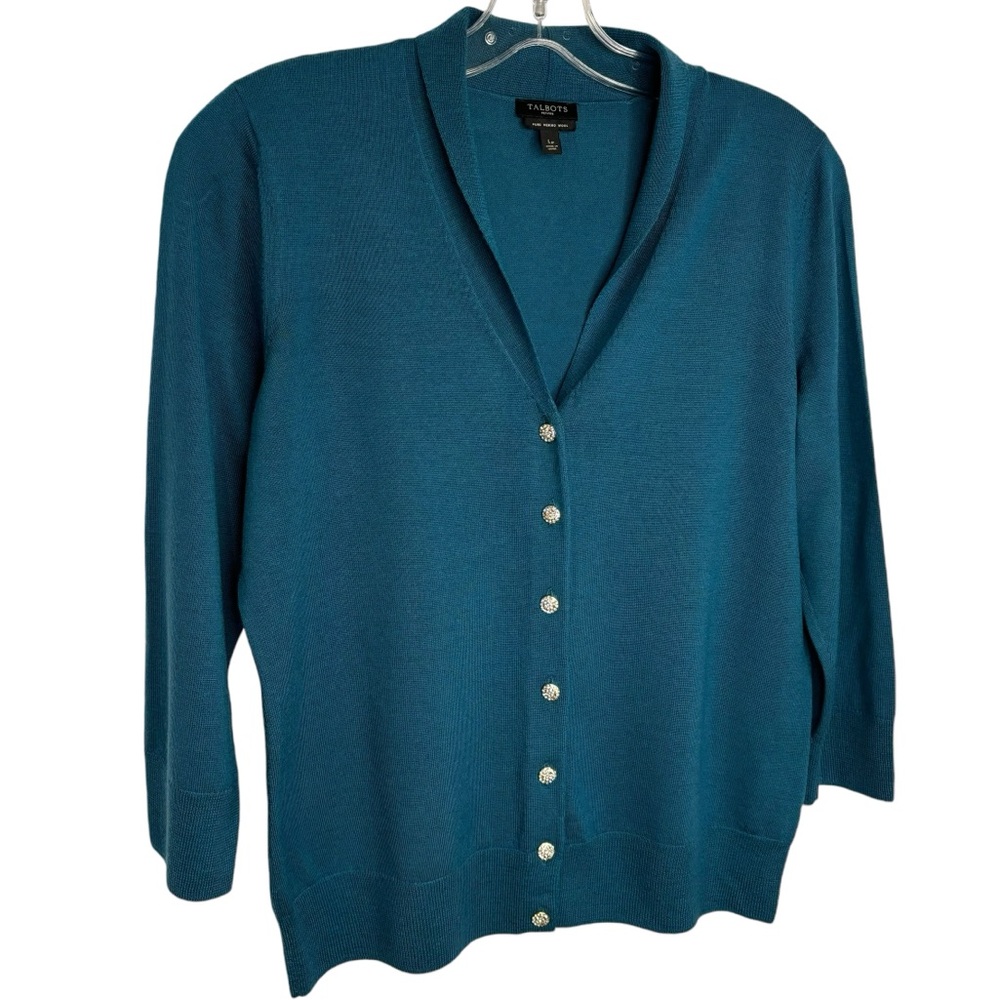 Teal 💯 Fine wool sweater with crystal buttons Talbots large petit